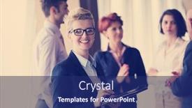  Presentation with older woman - PPT theme consisting of smilling senior older business woman with tablet computer in front her team blured in background group of young business people at modern bright startup office interior background and a navy blue colored foreground