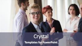  Presentation with older woman - Audience pleasing PPT theme consisting of smilling senior older business woman backdrop and a ocean colored foreground