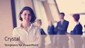  Presentation with team group - Slide deck enhanced with smilling young business woman background and a lemonade colored foreground