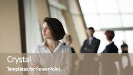  Presentation with team group - Audience pleasing slide deck consisting of smilling young business woman in front her team blured in background group of young business people modern bright startup office interior backdrop and a coral colored foreground