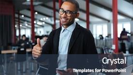  Presentation with tv show - PPT theme enhanced with smilling young businessman show okay background and a ocean colored foreground