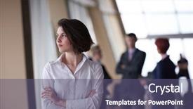  Presentation with front office - Slide deck having smilling young start up business woman in front her team blured in background group of young business people modern bright startup office interior background and a violet colored foreground