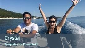  Presentation with pharmacy management people - Colorful slide set enhanced with smily - people on a speed boat backdrop and a ocean colored foreground