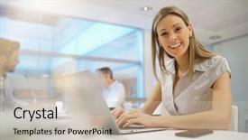  Presentation with camera - Presentation consisting of smily businesswoman looking at camera background and a soft green colored foreground