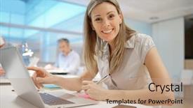  Presentation with white cctv camera on modern - PPT theme with smily businesswoman looking at camera background and a coral colored foreground