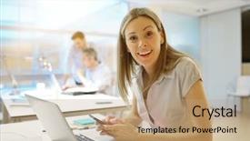  Presentation with white cctv camera on modern - Slides enhanced with smily businesswoman looking at camera background and a coral colored foreground