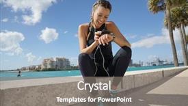  Presentation with sporty - PPT theme consisting of smily sporty woman checking cellphone background and a gray colored foreground