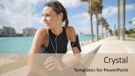  Presentation with headphones - Slide set with smily sporty woman in activewear background and a soft green colored foreground