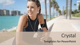  Presentation with headphones asia - Colorful presentation enhanced with smily sporty woman in activewear backdrop and a soft green colored foreground