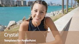 Presentation with headphones asia - Audience pleasing presentation design consisting of smily sporty woman in activewear backdrop and a coral colored foreground