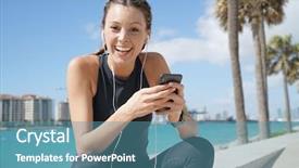  Presentation with sporty - Colorful presentation enhanced with smily sporty woman with cellphone backdrop and a teal colored foreground