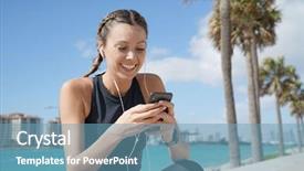  Presentation with nurse cellphone - Presentation theme enhanced with smily sporty woman with cellphone background and a teal colored foreground