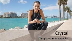  Presentation with headphones asia - Presentation theme enhanced with smily sporty woman with cellphone background and a light gray colored foreground