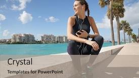  Presentation with sporty - PPT theme with smily sporty woman with cellphone background and a light gray colored foreground
