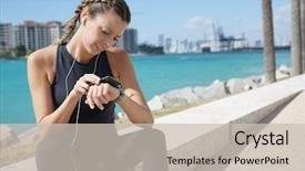  Presentation with sporty - Audience pleasing slide set consisting of smily sporty young woman checking backdrop and a soft green colored foreground