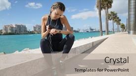  Presentation with woman stuck in ladder - Presentation having smily sporty young woman checking background and a mint green colored foreground