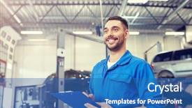  Presentation with mechanic car service repair maintenance - Audience pleasing slide deck consisting of smith with clipboard at workshop backdrop and a teal colored foreground