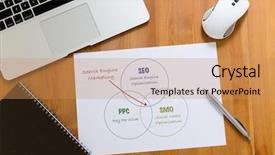  Presentation with search engine - Slide set with smo - working desk with laptop computer background and a coral colored foreground