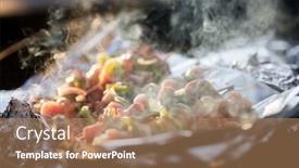 Presentation with grilling - Colorful PPT theme enhanced with team building cook - smoke rises from meat kebabs backdrop and a coral colored foreground