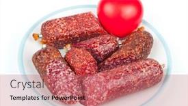  Presentation with heart health - PPT theme featuring smoked-fatty-sausage-and-heart background and a coral colored foreground