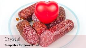  Presentation with heart health - Cool new PPT layouts with smoked-fatty-sausage-and-heart backdrop and a coral colored foreground