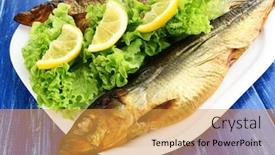  Presentation with omega 3 fish oils - PPT theme consisting of smoked fish on plate close up background and a gold colored foreground