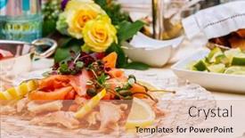  Presentation with wedges - PPT layouts with smoked-fish-platter-served background and a coral colored foreground