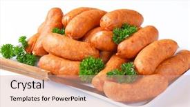  Presentation with grilling - Presentation theme enhanced with smoked grilling mini sausages on the plate with sharp kitchen knife background and a coral colored foreground