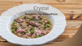  Presentation with peas - Presentation featuring smoked-meat-with-groats background and a coral colored foreground