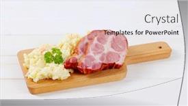  Presentation with cutting board - Slide deck enhanced with smoked pork with potato salad on wooden cutting board background and a sky blue colored foreground