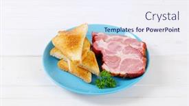  Presentation with turquoise - Slide set consisting of smoked pork with toasts on turquoise plate background and a sky blue colored foreground