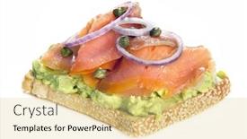  Presentation with red onion - Presentation theme featuring smoked salmon and mashed avocado on wholewheat toast with red onion and capers isolated on white background and a blonde colored foreground