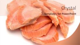  Presentation with salmon fish - Slide deck having smoked salmon segments isolated on white background cutout prepared fish fillet fibres background and a coral colored foreground