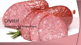  Presentation with pink and blue acrylic smoke white - Presentation featuring smoked sausage salami isolated background and a coral colored foreground