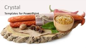  Presentation with sausages - Presentation theme featuring smoked thin sausages mustard in bowl and spices on wooden cutting board isolated on white background and a lemonade colored foreground