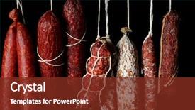 Presentation with sausages - PPT theme featuring smoking - delicious sausages hanging on dark background and a tawny brown colored foreground