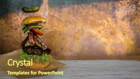  Presentation with realistic - Colorful presentation design enhanced with smoking - hamburger with realistic flying ingredients backdrop and a tawny brown colored foreground