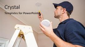  Presentation with detector - Slide deck featuring smoking - handyman installing smoke detector background and a soft green colored foreground