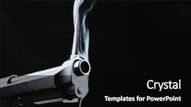  Presentation with gun - Amazing slide deck having smoking gun on black background backdrop and a black colored foreground