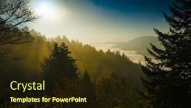  Presentation with mountaintop - Presentation design with smoky mountain sunrise rays through tree shadow silhouettes in the misty mountaintop fog above the clouds background and a wine colored foreground