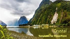  Presentation with storm clouds - Colorful PPT theme enhanced with smooth water of the milford sound fjord reflects mountains sunlight breaks through storm clouds new zealand - land of goblins and hobbits concept of exotic active and photographic tourism backdrop and a tawny brown colored foreground