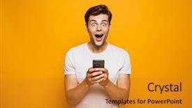  Presentation with man holding phone - Amazing presentation design having sms - portrait of a shocked young backdrop and a gold colored foreground
