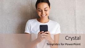  Presentation with mobile phone in woman hand - Colorful slide deck enhanced with sms - smiling young asian woman using backdrop and a coral colored foreground