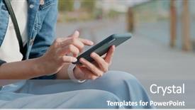  Presentation with mobile phone in woman hand - PPT layouts enhanced with leave message - close up of woman use background and a mint green colored foreground