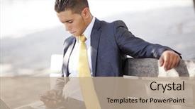  Presentation with smart grid city and wireless - Slide deck having sms message - businessman working sited background and a  colored foreground