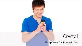  Presentation with sms - Beautiful theme featuring sms message - smiley young man text messaging backdrop and a sky blue colored foreground