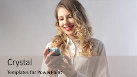  Presentation with sms - Colorful slide set enhanced with sms message - smiling woman using a mobile backdrop and a  colored foreground