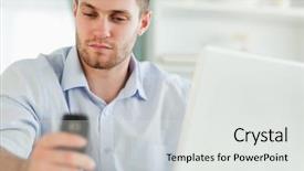  Presentation with sms - PPT theme having sms message - young businessman with laptop background and a white colored foreground