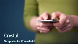  Presentation with sms - Slide deck having sms mobile phone - young woman holding smarthphone background and a ocean colored foreground