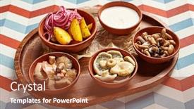  Presentation with snack food - Audience pleasing presentation theme consisting of snack-assortment-on-wooden-tray backdrop and a tawny brown colored foreground